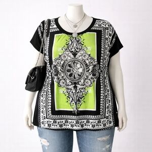 Ashley Stewart Black Lime Green Bandana Mandala Chinched Waist Top 14W 16W Retro